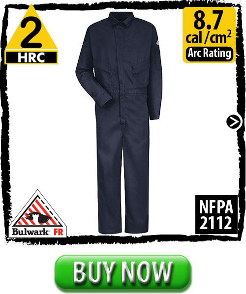 FRC Clothing, including 100% FR Cotton Fire Resistant Coveralls CLD4NV  by Bulwark come in a variety of colors and various protection levels. These particular flame resistant coveralls are HRC 2, but FR clothes and FR gear range from a hazard risk assessment rating of HRC level 1 to HRC level 4. Arc ratings for FRC Clothes vary by garment.