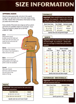 FR Clothing sizing chart Workrite