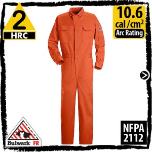 FR coveralls 100% Cotton-Orange HRC 2, 10.6 cal/cm2 by Bulwark CED2OR
