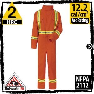 FR Coveralls in Orange with CSA reflective trim; HRC 2, 12.2 cal/cm2 by Bulwark CLBCOR