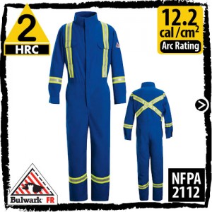 FR Coveralls in Royal Blue with reflective trim; HRC 2, 12.2 cal/cm2 by Bulwark CLBTRB