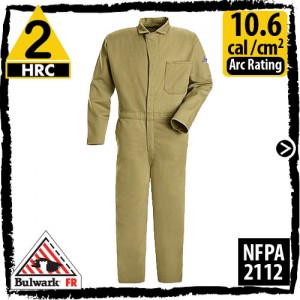 Fire Resistant Coveralls 100% Cotton-Khaki HRC 2, 10.6 cal/cm2 by Bulwark CEC2KH