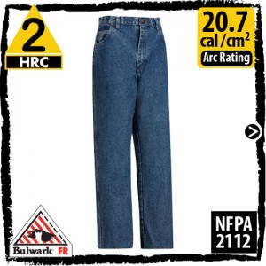 Fire Retardant Jeans 100% Pre-Washed Cotton Denim HRC 2, 20.7 cal/cm2 in Loose Fit Pre Washed Denim by Bulwark PEJ6SW