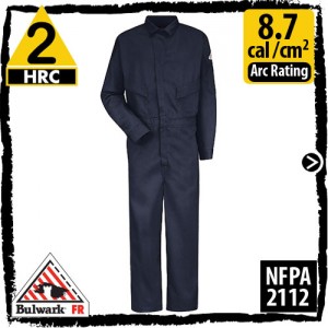 FR Coveralls Cotton Blend Navy HRC 2, 8.7 cal/cm2 by Bulwark CLD4NV